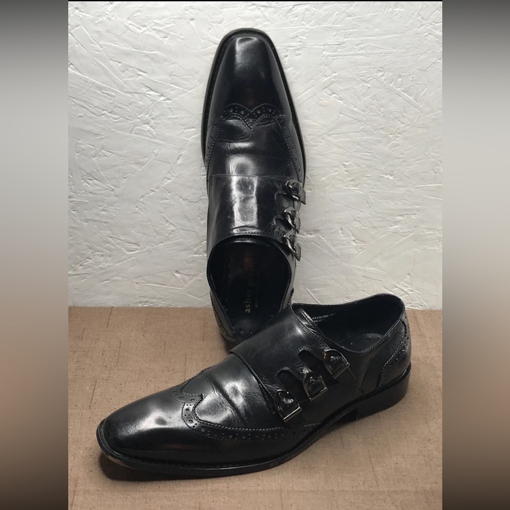Asher Green Men's Dress Shoes Size 10.5 Black Leather Monk Strap Wingtip